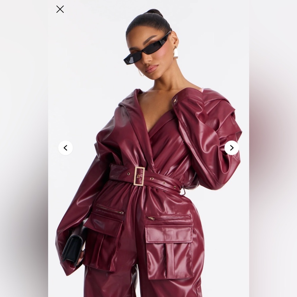 Sloane Hooded Cargo Leather Jumpsuit - Burgundy - Picture 2 of 6